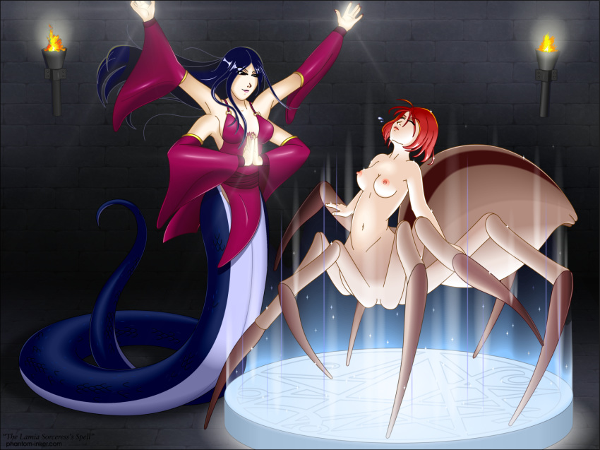 2013 arachnid arthropod blue_hair breasts clothed clothing drider female hair humanoid monster_girl_(genre) multi_arm multi_limb nipples nude phantom_inker red_hair transformation