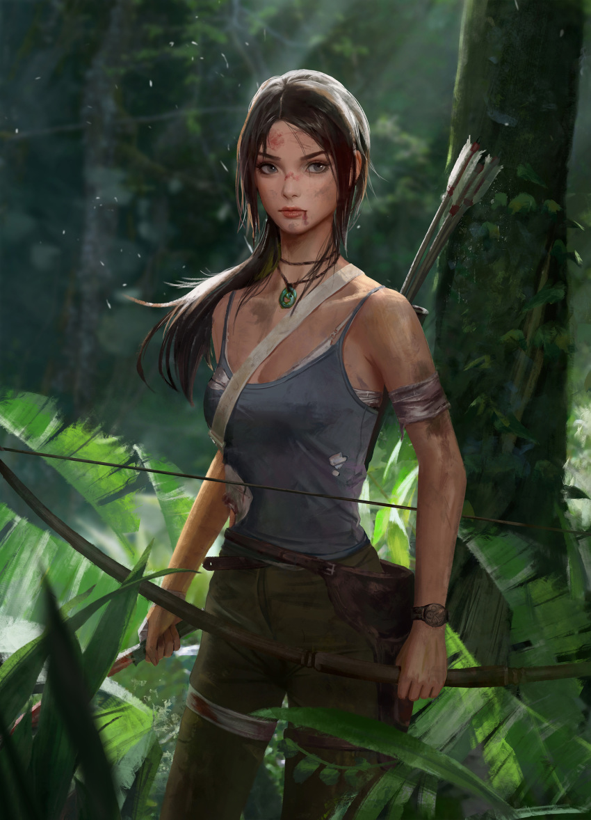 absurdres arrow bandaged_leg bandages bare_shoulders blood bow_(weapon) breasts brown_eyes brown_hair bruise cleavage closed_mouth dirty highres holding holding_weapon injury jewelry jungle lara_croft leaf long_hair machete nature necklace outdoors qianyu_mo quiver red_lips sunlight tank_top tomb_raider tomb_raider_(reboot) torn_clothes tree watch weapon