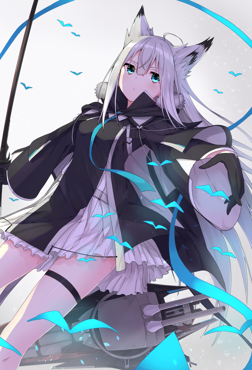 absurdres ahoge animal_ears azur_lane black_cape black_gloves blush cape cat_ears commentary_request dutch_angle expressionless eyebrows_visible_through_hair fur_trim gloves graphite_(medium) highres holding holding_sword holding_weapon kawakaze_(azur_lane) long_hair long_sleeves necktie neme1228 outstretched_arm pleated_skirt silver_hair skirt solo sword thigh_strap traditional_media turret very_long_hair weapon