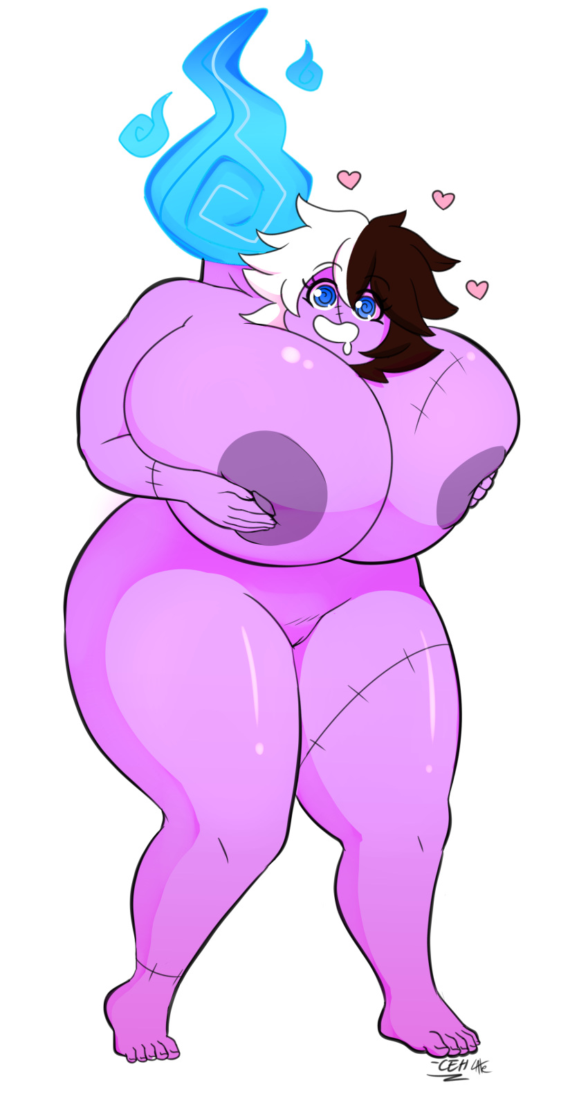 &lt;3 big_breasts breasts detachable detachable_head dullahan female hair hand_on_breast humanoid multicolored_hair not_furry overweight purple_skin saliva signature two_tone_hair unknown_artist unknown_artist_signature