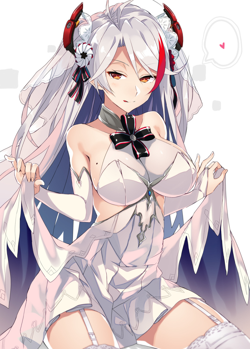 :q adapted_costume antenna_hair azur_lane bangs bare_shoulders between_legs blush breasts bridal_gauntlets bridal_veil brown_eyes cleavage closed_mouth collarbone commentary_request dress dress_lift eyebrows_visible_through_hair flower garter_straps gloves hair_between_eyes hair_ornament half-closed_eyes headgear heart highres iron_cross itsui_(dihydrogenmonoxid) large_breasts lifted_by_self long_hair looking_at_viewer mole mole_on_breast multicolored_hair nail_polish no_bra petals pink_nails prinz_eugen_(azur_lane) red_hair see-through silver_hair smile solo standing thighhighs thighs tongue tongue_out two_side_up veil very_long_hair wedding_dress white_dress white_flower white_gloves white_hair white_legwear