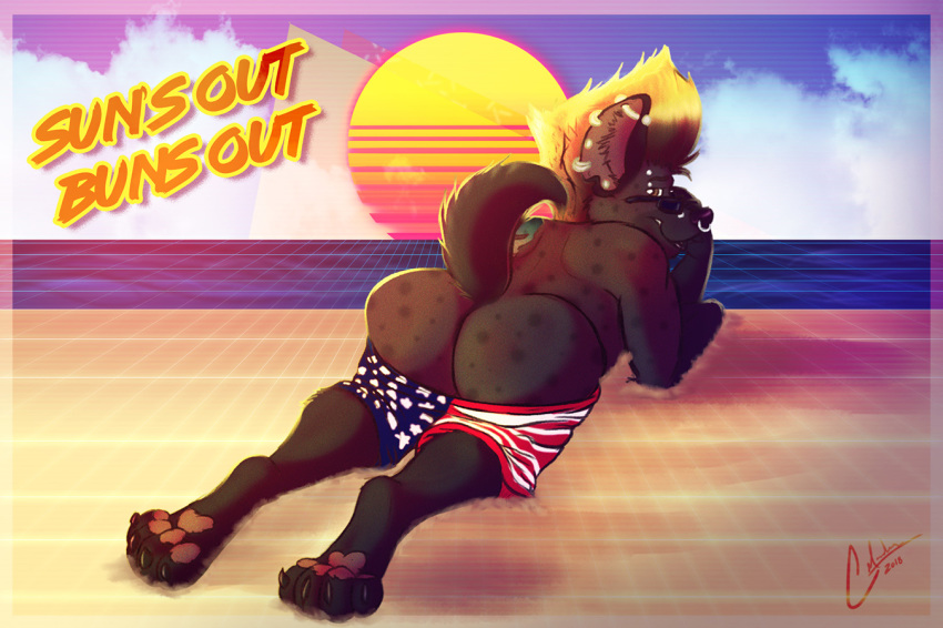 beach big_butt butt celandinefox clothing eddie_(yeen) eyewear hyena mammal mohawk paws piercing seaside sunglasses swimming_trunks swimsuit technowave