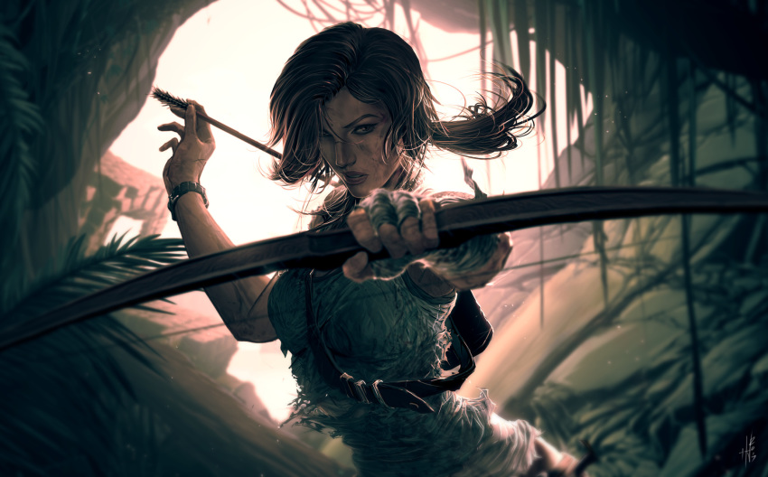arrow bandaged_arm bandaged_hand bandages bare_shoulders bow_(weapon) brown_eyes brown_hair cave commentary dirty_face english_commentary facing_viewer hair_lift highres holding holding_arrow holding_bow holding_bow_(weapon) holding_weapon hue_vang jungle lara_croft leaf light looking_at_viewer nature outdoors parted_lips quiver tank_top tomb_raider tomb_raider_(reboot) torn_clothes weapon