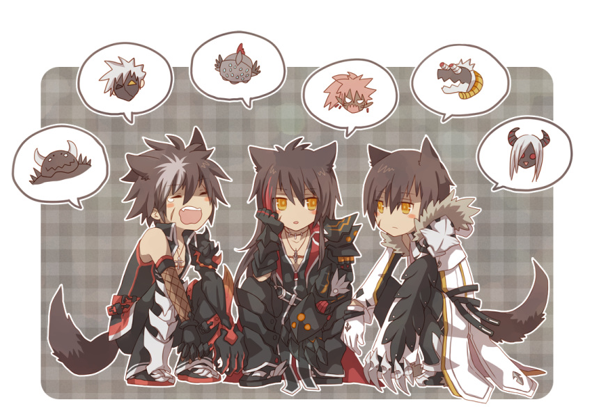 blade_master_(elsword) boss chloe_(elsword) elsword glave_(elsword) mechanical_arm mito_(rscrsc) multicolored_hair ran_(elsword) raven_(elsword) reckless_fist_(elsword) scar simple_background tail talking two-tone_hair uno_hound_(elsword) veteran_commander_(elsword) yawning