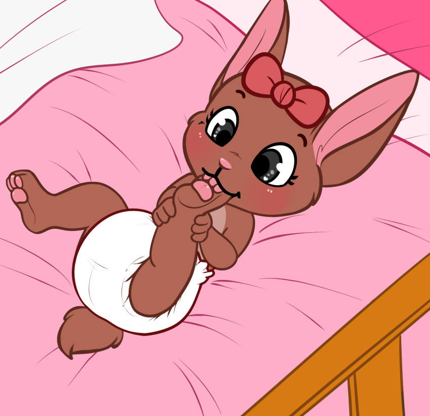 baby bed big_ears blush bow cub diaper feet female lagomorph mammal pawpads rabbit smile solo uniamoon young