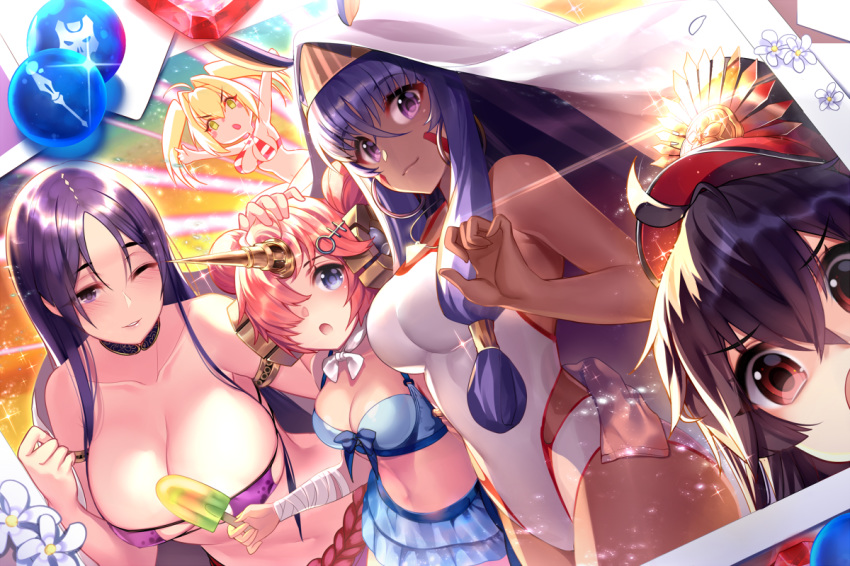 :o animal_ears armlet bandaged_arm bandaged_leg bandages bangs bead_bracelet beads bending_forward bikini bikini_skirt black_hair blanket blue_bikini blue_skirt bracelet breasts bun_cover cleavage collarbone commentary competition_swimsuit cosplay cowboy_shot criss-cross_halter dark_skin deformed detached_sleeves double_bun dutch_angle earrings eyepatch_bikini facial_mark fate/grand_order fate_(series) flower frankenstein's_monster_(fate) frankenstein's_monster_(swimsuit_saber)_(fate) gem gendo0032 green_eyes hair_intakes hair_ornament hair_over_one_eye hairclip halter_top halterneck hand_on_another's_head headgear hips hoop_earrings horn huge_breasts jackal_ears jewelry kotori_photobomb long_hair looking_at_viewer medium_breasts medjed medjed_(cosplay) midriff minamoto_no_raikou_(fate/grand_order) minamoto_no_raikou_(swimsuit_lancer)_(fate) multiple_girls navel nero_claudius_(fate)_(all) nero_claudius_(swimsuit_caster)_(fate) nitocris_(fate/grand_order) nitocris_(swimsuit_assassin)_(fate) oda_nobunaga_(fate) one-piece_swimsuit parted_bangs parted_lips petting photo_(object) photobomb pink_hair purple_bikini purple_eyes purple_hair red_bikini red_eyes revision short_hair side-tie_bikini sidelocks single_detached_sleeve skirt sparkle striped striped_bikini swimsuit twintails upper_body v-shaped_eyebrows very_long_hair white_swimsuit