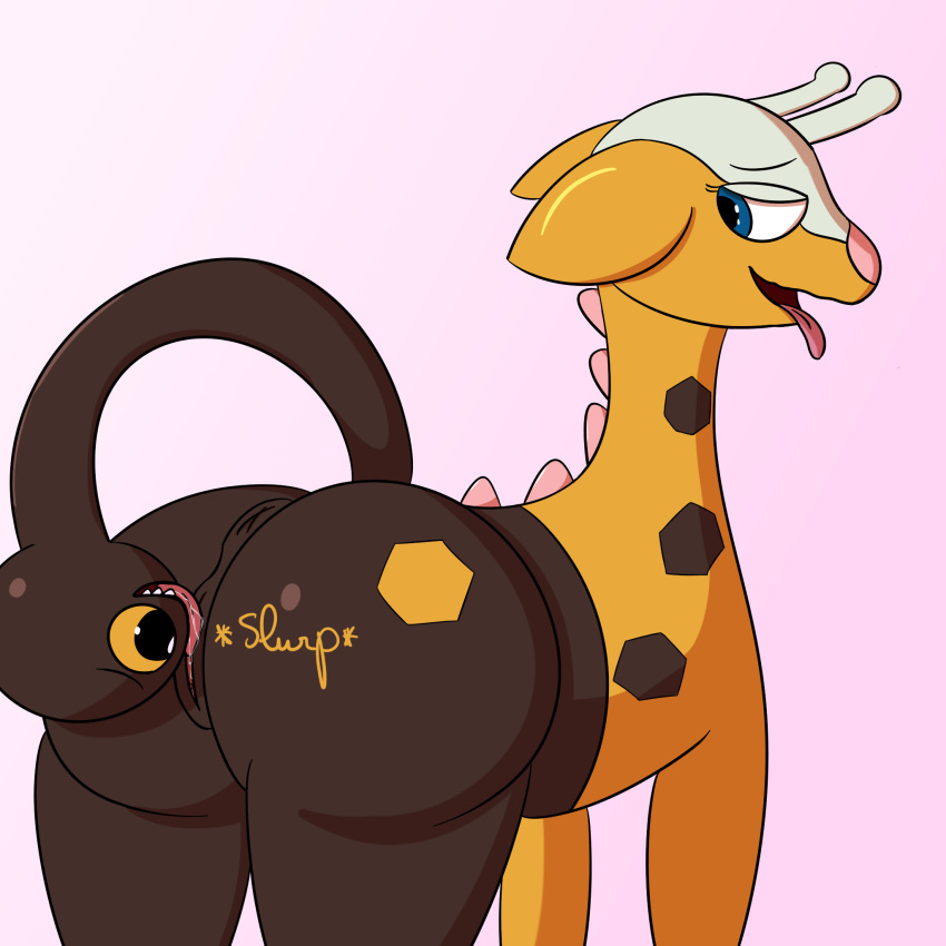 2018 anus autocunnilingus butt dabelette digital_media_(artwork) female girafarig licking mammal masturbation multihead nintendo oral oral_masturbation pok&eacute;mon pok&eacute;mon_(species) pussy saliva simple_background solo tail_head tail_mouth text tongue tongue_out vaginal vaginal_masturbation video_games