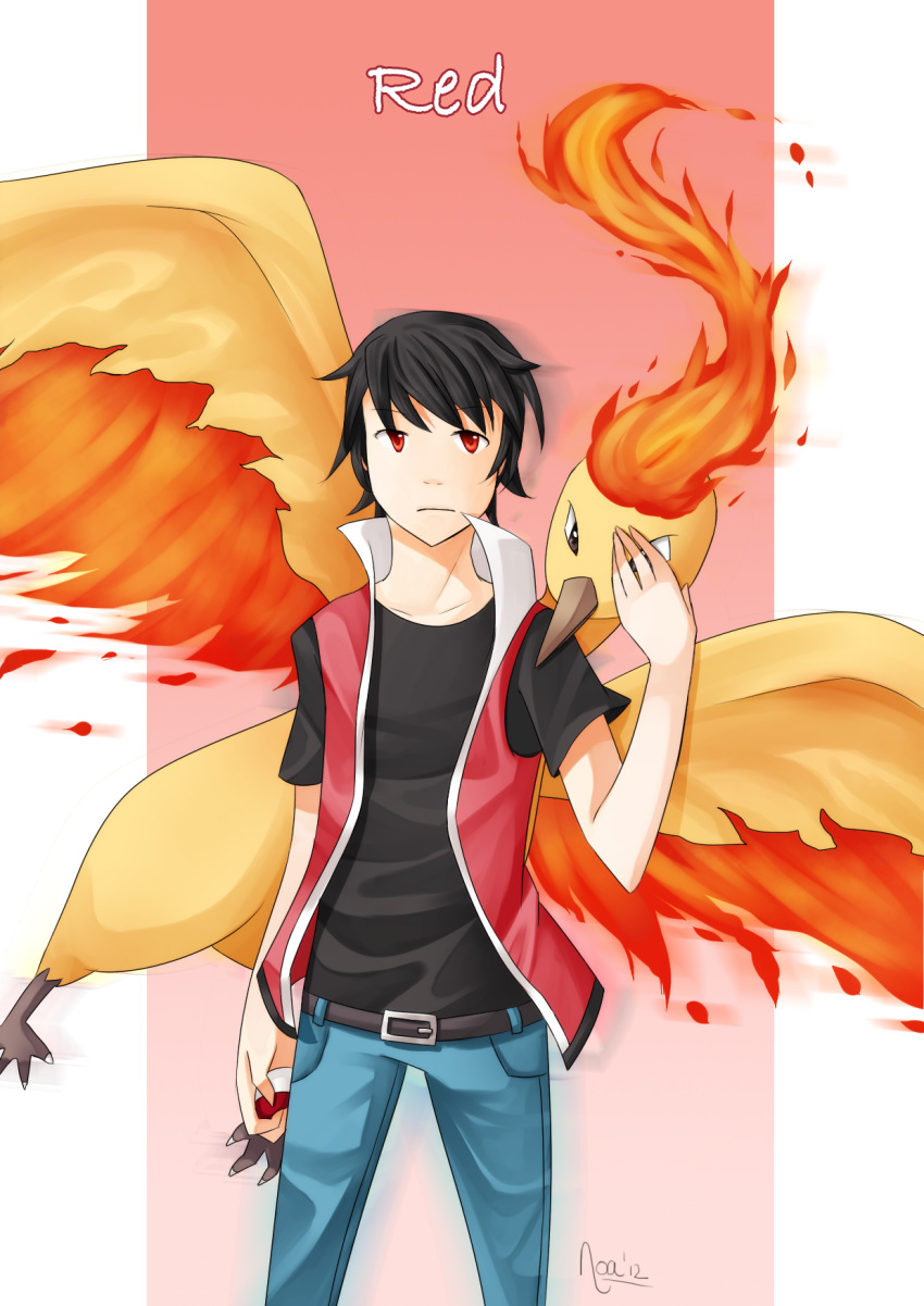 2012 ambiguous_gender clothed clothing duo feral front_view fully_clothed human legendary_pok&eacute;mon male mammal moltres nintendo pok&eacute;mon pok&eacute;mon_(species) red_(pok&eacute;mon) simple_background standing video_games winoa