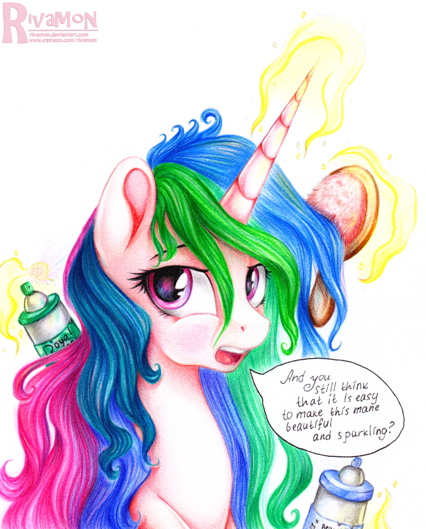 2015 ? brush bust_portrait colored_pencil dialogue english_text equine eyebrows eyelashes female feral friendship_is_magic glowing_horn hair hairspray hi_res horn levitation long_hair looking_at_viewer magic mammal multicolored_hair my_little_pony nude open_mouth portrait princess_celestia_(mlp) rainbow_hair simple_background solo speech_bubble talking_to_viewer teeth text tongue traditional_media_(artwork) url vird-gi white_background winged_unicorn wings