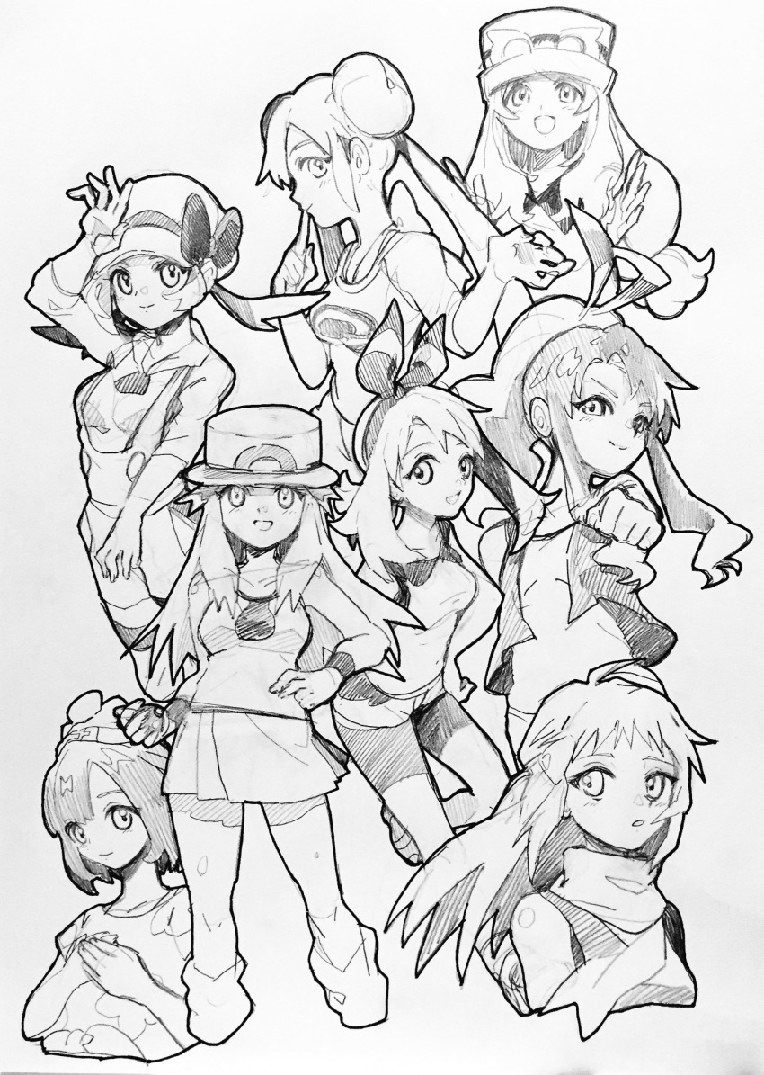 bangs bare_legs beanie blue_(pokemon) breasts double_bun eyewear_on_headwear floral_print hand_on_hip haruka_(pokemon) hat hat_ribbon highres hikari_(pokemon) kotone_(pokemon) looking_at_viewer mei_(pokemon) mizuki_(pokemon) pokemon pokemon_(game) pokemon_bw pokemon_bw2 pokemon_dppt pokemon_frlg pokemon_hgss pokemon_oras pokemon_sm pokemon_xy ribbon scarf serena_(pokemon) shirt shoes short_hair short_shorts short_sleeves shorts smile t-shirt tied_shirt touko_(pokemon)