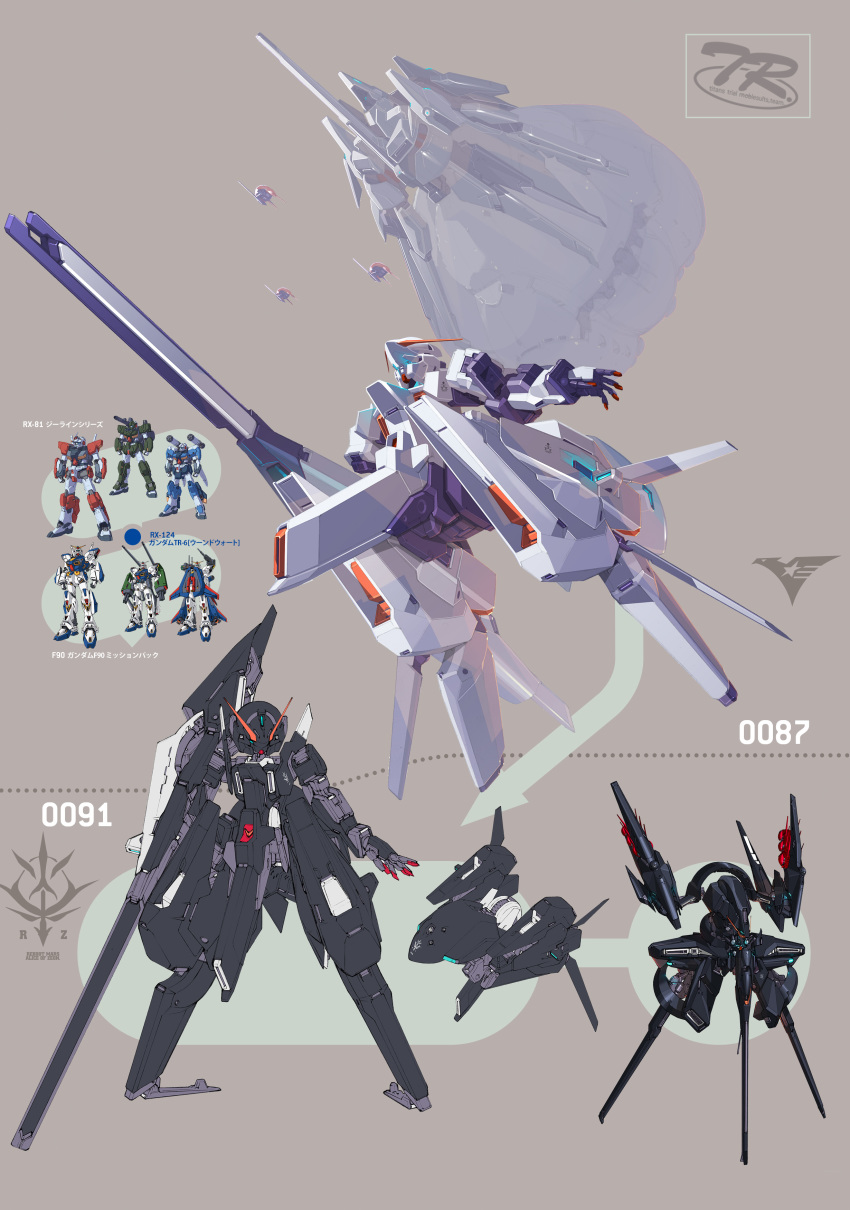 advance_of_zeta advance_of_zeta_re-boot f90_gundam grey_background gundam highres kenki_fujioka mecha multiple_views no_humans official_art rx-81_g-line simple_background tr-6_woundwort