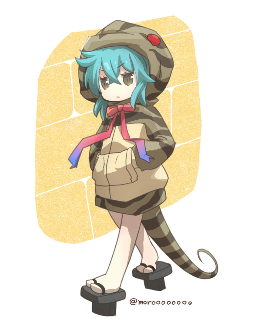 aqua_hair brown_eyes brown_shirt commentary_request eyebrows_visible_through_hair full_body geta highres hood hoodie kemono_friends long_sleeves looking_at_viewer moro_(like_the_gale!) multicolored_neckwear neck_ribbon parted_lips ribbon shirt short_hair snake_tail solo standing striped_hoodie striped_tail tail tsuchinoko_(kemono_friends) twitter_username walking white_background