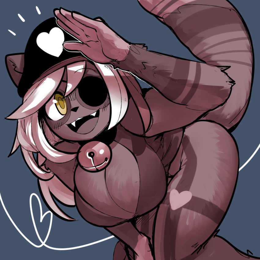&lt;3 5_fingers absurd_res anne_(sideik) anthro bangs bell bent_over big_breasts big_tail black_nose breasts brown_fur cat clothing collar dark_fur eye_patch eyewear fangs feline female fluffy fluffy_tail front_view fur hair happy hat headwear hi_res humanoid_hands krekk0v long_hair long_tail looking_at_viewer mammal open_mouth open_smile smile solo waving white_hair yellow_eyes yellow_pupils