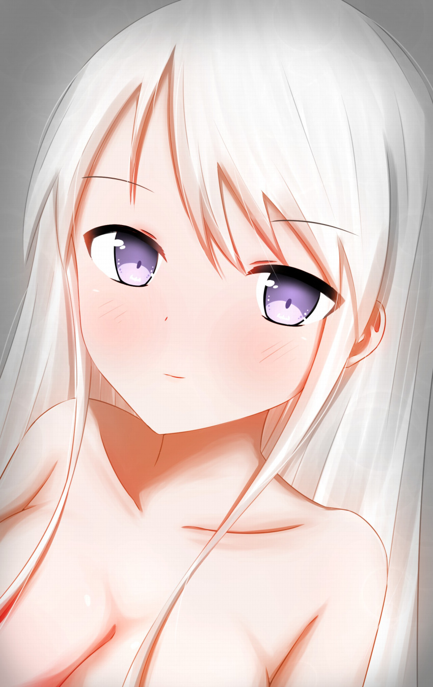 absurdres azur_lane bangs blush breasts cleavage closed_mouth collarbone commentary dutch_angle english_commentary enterprise_(azur_lane) eyebrows_visible_through_hair grey_background hair_between_eyes highres light_smile long_hair looking_at_viewer medium_breasts nude purple_eyes silver_hair solo yuujoduelist