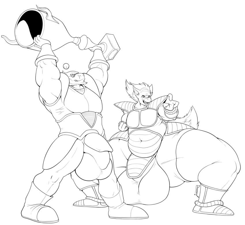 anthro balls beard big_balls boots bulge clothed clothing dawmino dragon dragon_ball dragon_ball_z duo facial_hair footwear hair huge_balls hyper hyper-penis hyper_balls hyper_thighs male monochrome muscular open_mouth overweight overweight_male pose simple_background standing thick_thighs white_background