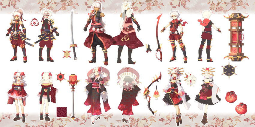 3girls aisha_(elsword) armor bow bowtie chung_seiker design elsword elsword_(character) eve_(elsword) flower hair_flower hair_ornament highres katana lamp lantern multiple_boys multiple_girls raven_(elsword) rena_(elsword) scimitar scorpion5050 silk_sheet sword traditional_clothes weapon white_hair