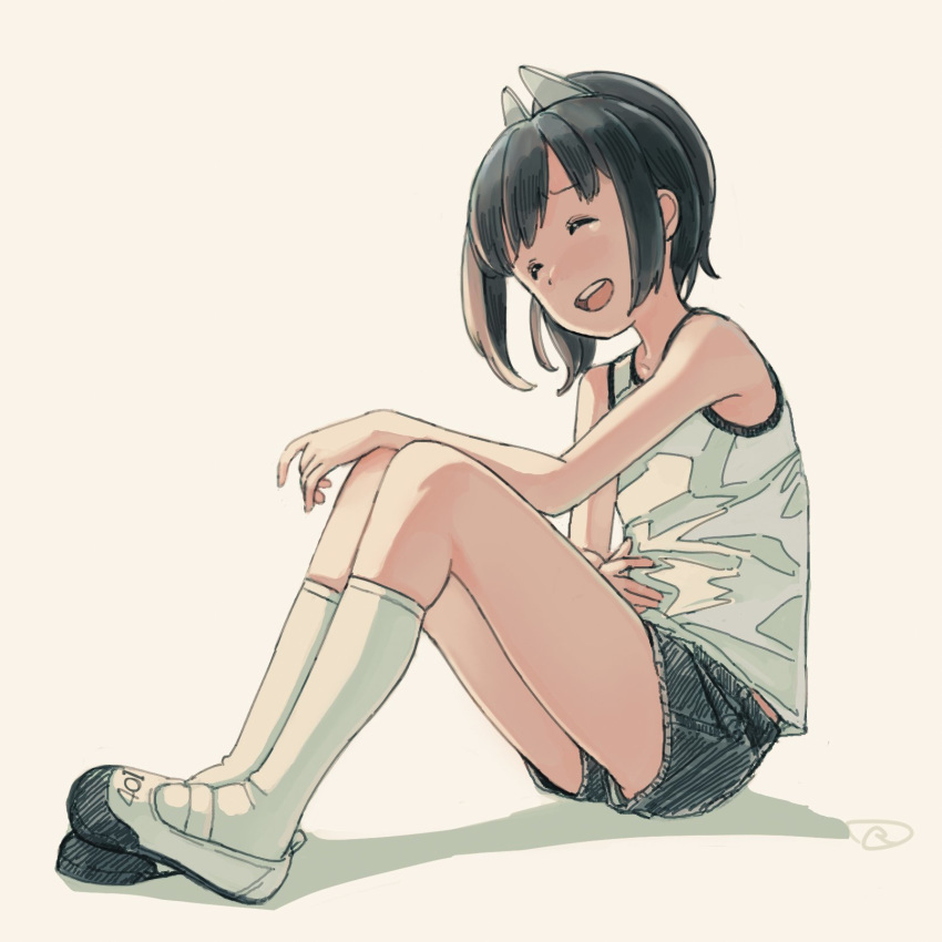 :d ^_^ bangs bare_shoulders black_hair black_shorts brown_background closed_eyes eyebrows_visible_through_hair head_tilt headgear highres i-401_(kantai_collection) kantai_collection kneehighs kokudou_juunigou open_mouth round_teeth shirt shoes short_shorts shorts signature sitting sleeveless sleeveless_shirt smile solo teeth upper_teeth uwabaki white_footwear white_legwear white_shirt