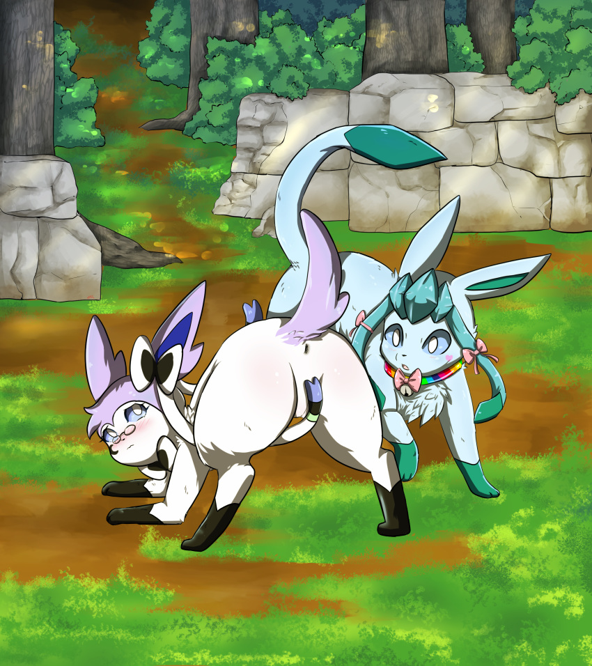 2018 anus bent_over blue_fur blush bow butt canine clothing digital_media_(artwork) duo eeveelution eyewear fan_character female feral fur girly glaceon glacey glasses hair hi_res iris_the_sylveon looking_back mammal nintendo open_mouth outside pok&eacute;mon pok&eacute;mon_(species) presenting presenting_hindquarters pussy raveneevee ribbion simple_background sylveon video_games