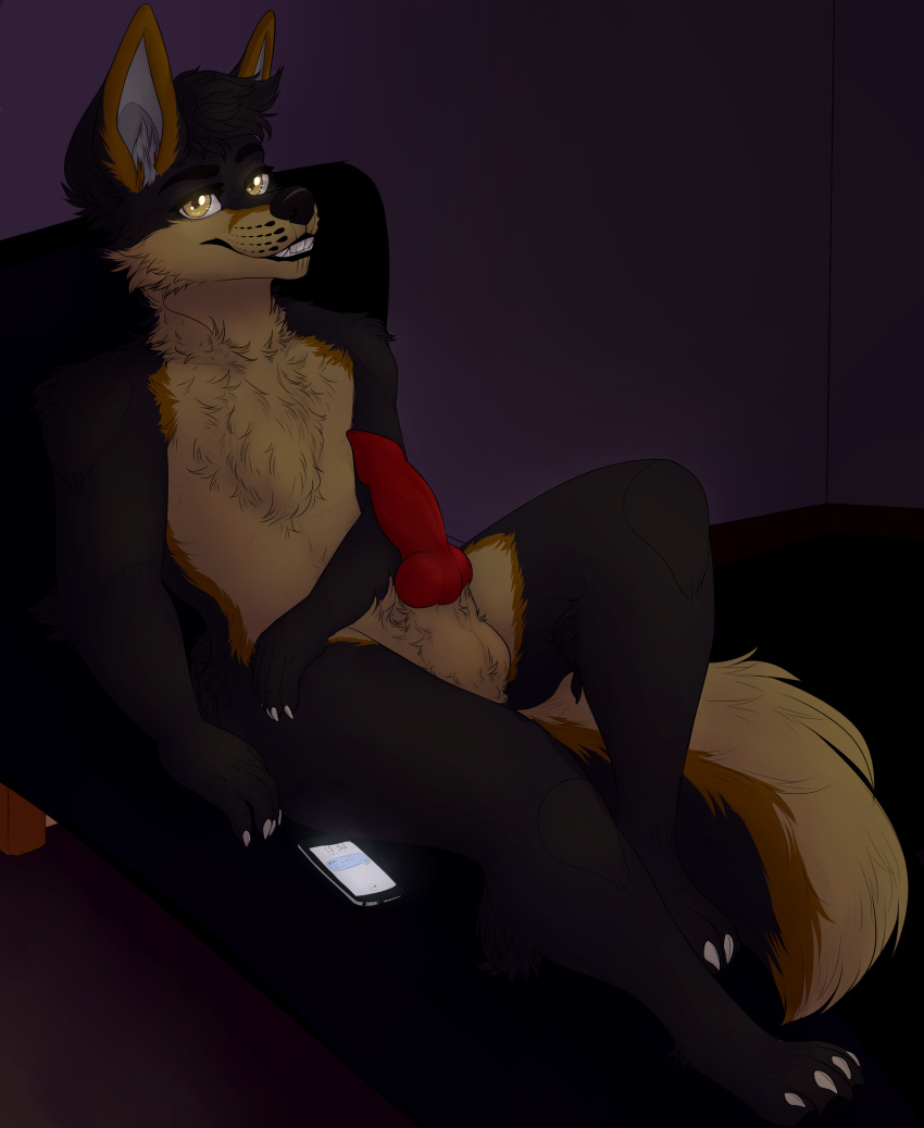 2018 4_toes 5_fingers animal_genitalia animal_penis anthro balls blvejay canine canine_penis chest_tuft claws dark detailed digital_media_(artwork) dog erection german_shepherd grin hair inside knot looking_at_viewer lounge lounging low_lighting lying male mammal night nude penis pose shaded sheath short_hair smile sofa solo teeth toes tuft vein veiny_penis