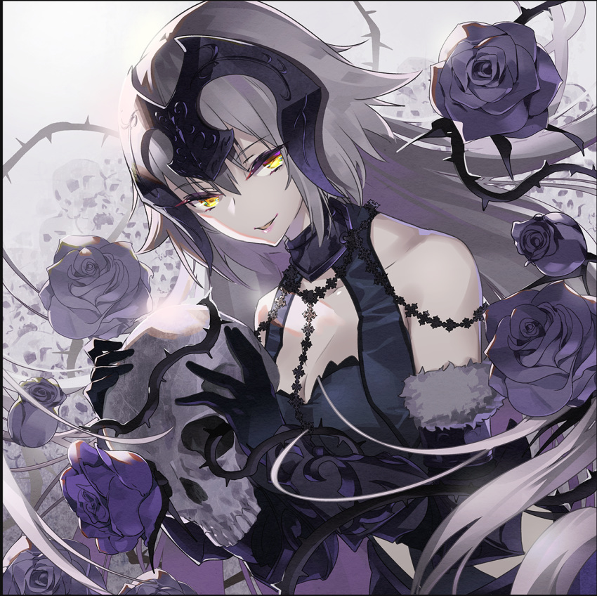 black_flower black_rose breasts cleavage commentary_request fate/grand_order fate_(series) flower grey_hair holding jeanne_d'arc_(alter)_(fate) jeanne_d'arc_(fate)_(all) long_hair looking_at_viewer rose skull smile solo tsurukame yellow_eyes