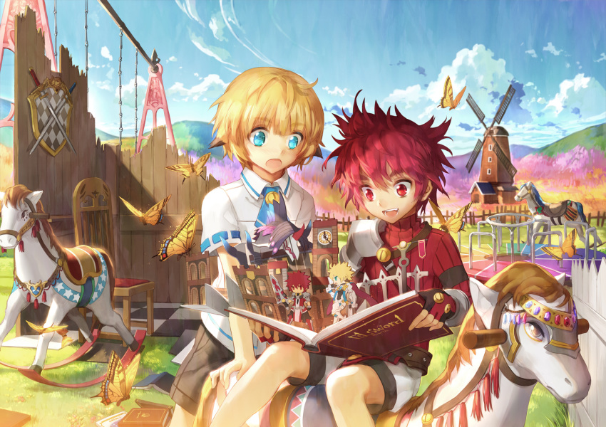 blush book bug butterfly chair chung_seiker clock clock_tower dark_nephilim day deadly_chaser_(elsword) elsword elsword_(character) eyebrows_visible_through_hair hair_between_eyes highres insect lord_knight_(elsword) multiple_boys open_mouth red_eyes scorpion5050 sky storybook tower toy_horse windmill