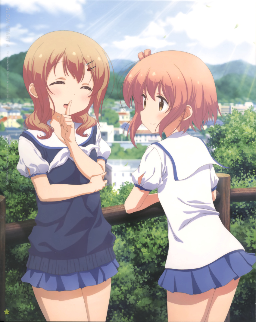 absurdres arm_under_breasts bare_legs breast_hold breasts brown_eyes building cityscape closed_eyes day dress fence finger_to_mouth hair_ornament hairclip highres ichinose_hana leaning light_brown_hair mountain multiple_girls official_art outdoors sailor_dress school_uniform short_hair skirt sky slow_start smile standing sunlight sweater tokura_eiko tree wooden_fence