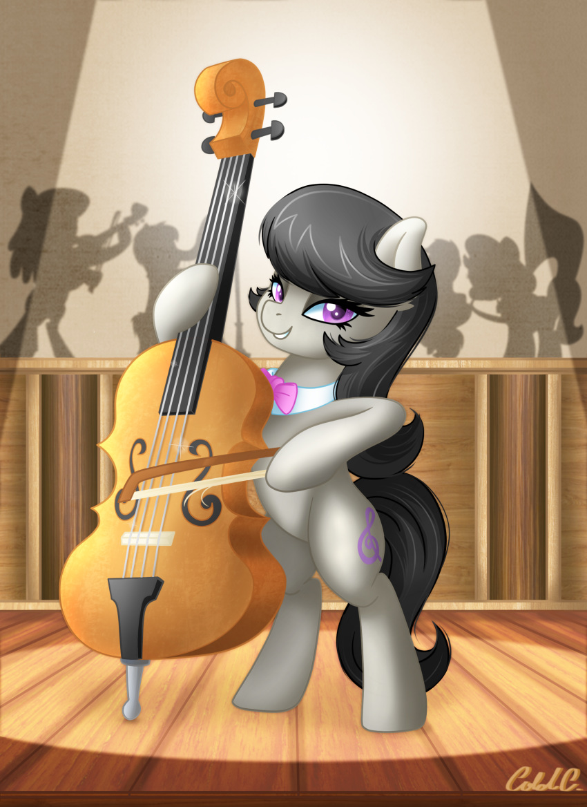 2018 black_hair bow_(stringed_instrument) bow_tie cello coldbrewcoffee concert cute cutie_mark earth_pony equine eyelashes eyeshadow female feral friendship_is_magic grin hair hi_res holding_musical_instrument holding_object hooves horse inside long_hair looking_at_viewer makeup mammal mascara music musical_instrument my_little_pony nude octavia_(mlp) pony portrait purple_eyes signature silhouette smile solo spotlight stage standing teeth wood wood_floor