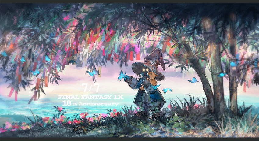 animal anniversary bamboo bird bug butterfly chick chocobo commentary_request copyright_name dated final_fantasy final_fantasy_ix gloves glowing glowing_eyes grass hat holding holding_animal insect jacket leaf nature puffy_pants sasumata_jirou scenery solo standing tanabata tree vivi_ornitier water