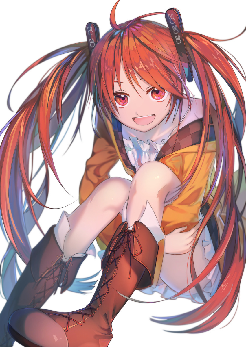 absurdres aihara_enju black_bullet boots commentary hair_ornament highres hikari50503 jacket long_hair looking_at_viewer open_mouth orange_hair red_eyes sitting smile solo twintails white_background