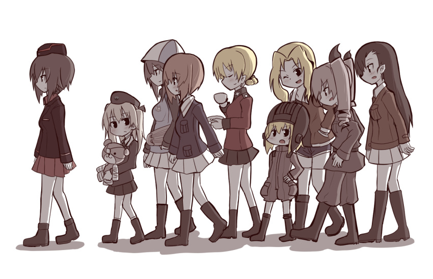 anchovy ankle_boots anzio_military_uniform asymmetrical_bangs bangs belt beret black_belt black_eyes black_footwear black_hat black_jacket black_neckwear black_ribbon black_shirt black_skirt blonde_hair blue_hat blue_jacket blue_shorts boko_(girls_und_panzer) boots braid brown_hair brown_jacket chi-hatan_military_uniform closed_eyes closed_mouth commentary cup darjeeling dress_shirt drill_hair emblem epaulettes eyebrows_visible_through_hair from_side garrison_cap girls_und_panzer green_hair green_jumpsuit grey_jacket grey_pants hair_intakes hair_ribbon hands_in_pockets hat helmet holding holding_cup holding_instrument holding_stuffed_animal instrument jacket japanese_tankery_league_(emblem) kantele katyusha kay_(girls_und_panzer) keizoku_military_uniform knee_boots kumo_(atm) kuromorimine_military_uniform light_brown_hair long_hair long_sleeves looking_at_another looking_at_viewer looking_back mika_(girls_und_panzer) military military_hat military_uniform miniskirt multiple_girls necktie nishi_kinuyo nishizumi_maho nishizumi_miho one_eye_closed ooarai_military_uniform open_mouth pants pleated_skirt pravda_military_uniform raglan_sleeves red_jacket red_skirt ribbon sam_browne_belt saucer saunders_military_uniform selection_university_military_uniform shadow shimada_arisu shirt short_hair short_jumpsuit short_shorts shorts side_ponytail skirt smile st._gloriana's_military_uniform standing stuffed_animal stuffed_toy teacup teddy_bear thighhighs tied_hair track_jacket trait_connection twin_drills twintails uniform walking white_background white_legwear white_shirt white_skirt