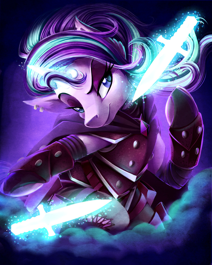 2018 armor cape clothed clothing dagger ear_piercing equine fantasy_class female friendship_is_magic hair horn jadedjynx legwear magic mammal melee_weapon multicolored_hair my_little_pony piercing smile smirk solo starlight_glimmer_(mlp) stockings thief thigh_highs two_tone_hair unicorn weapon