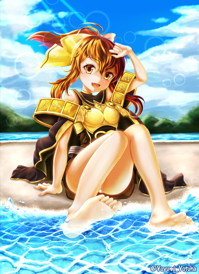 absurdres armor bare_shoulders barefoot blush bow breastplate brown_eyes brown_hair cape dress dyute_(fire_emblem) fang feet fire_emblem fire_emblem_echoes:_mou_hitori_no_eiyuuou fire_emblem_heroes highres long_hair ocean open_mouth panties ponytail ribbon shore smile soles solo sun_glare thighs toes underwear yellow_ribbon yuyumi_(yuurei)