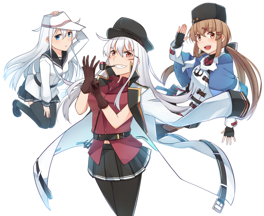:d anchor anchor_necklace belt black_gloves black_hat black_legwear black_sailor_collar black_skirt blue_eyes blue_shawl brown_eyes brown_gloves brown_hair check_commentary commentary_request facial_scar fingerless_gloves gangut_(kantai_collection) gloves grin hair_between_eyes hair_ornament hairclip hat hibiki_(kantai_collection) ido_(teketeke) jacket jewelry kantai_collection long_hair long_sleeves multiple_girls necklace open_mouth orange_eyes pantyhose papakha peaked_cap pipe pipe_in_mouth pleated_skirt red_shirt remodel_(kantai_collection) sailor_collar sailor_shirt scar scarf shawl shirt silver_hair simple_background skirt smile tashkent_(kantai_collection) thighhighs v-shaped_eyebrows verniy_(kantai_collection) white_background white_hair white_hat white_jacket white_scarf white_shirt