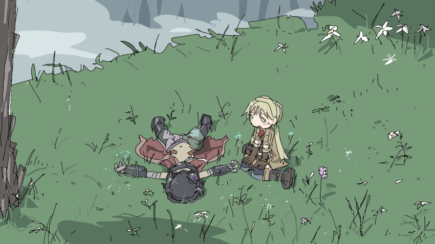 1girl android blonde_hair body_markings cape cliff dark_skin dark_skinned_male grass green_eyes helmet highres looking_at_another made_in_abyss navel open_mouth pants regu_(made_in_abyss) riko_(made_in_abyss) shirtless sitting torn_clothes tsukumizu_yuu twintails wariza