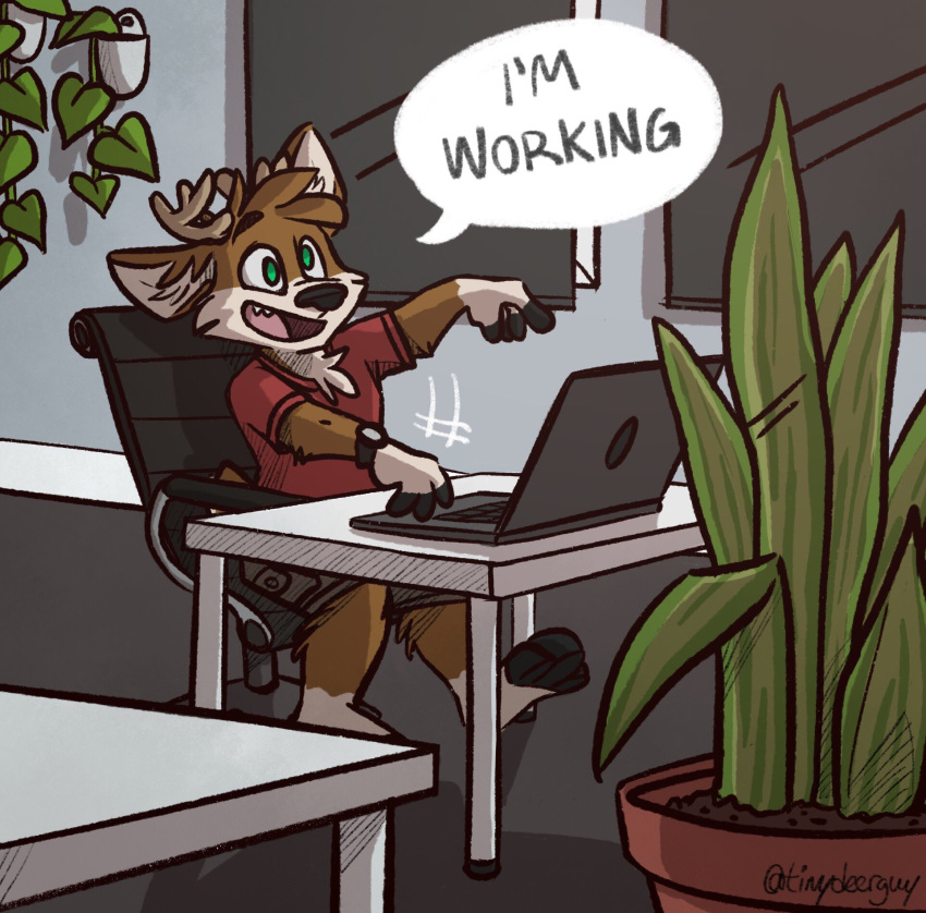 cervid chair clothing computer darwin_(tinydeerguy) desk dialogue english_text green_eyes keyboard laptop mammal open_mouth plant red_shirt shorts teeth text tinydeerguy