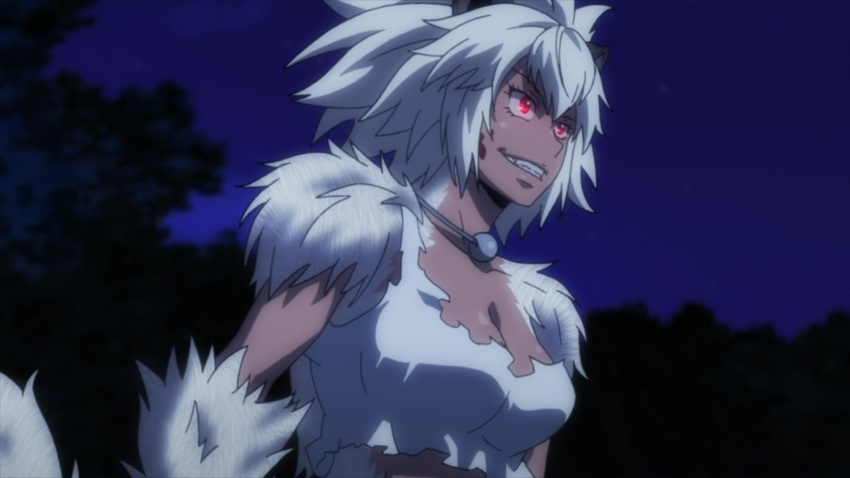 1girl breasts cleavage dark_skin fangs female fur glowing_eyes grey_fur grey_hair highres killing_bites monster_girl night open_mouth ratel_ears red_eyes screencap short_hair spiky_hair teeth torn_clothes uzaki_hitomi wild