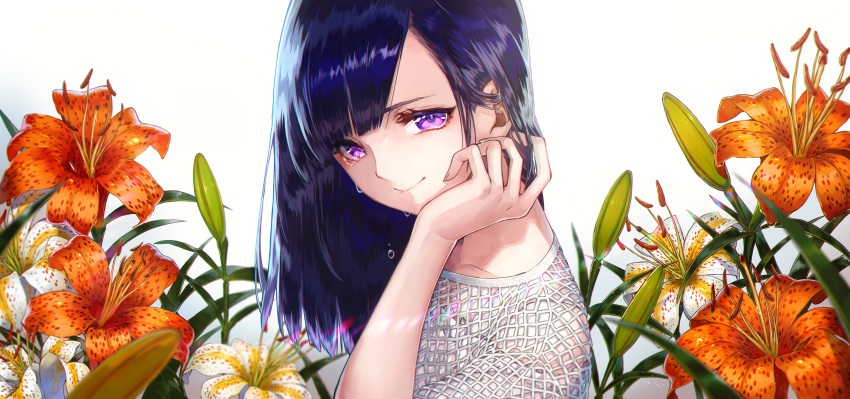 absurdres bangs blue_hair chromatic_aberration closed_mouth commentary english_commentary eyebrows_behind_hair fishnets floral_background flower hand_in_hair highres lily_(flower) long_hair looking_at_viewer mito_itsuki orange_flower original purple_eyes shiny shiny_hair simple_background smile solo tears tiger_lily upper_body white_background white_flower