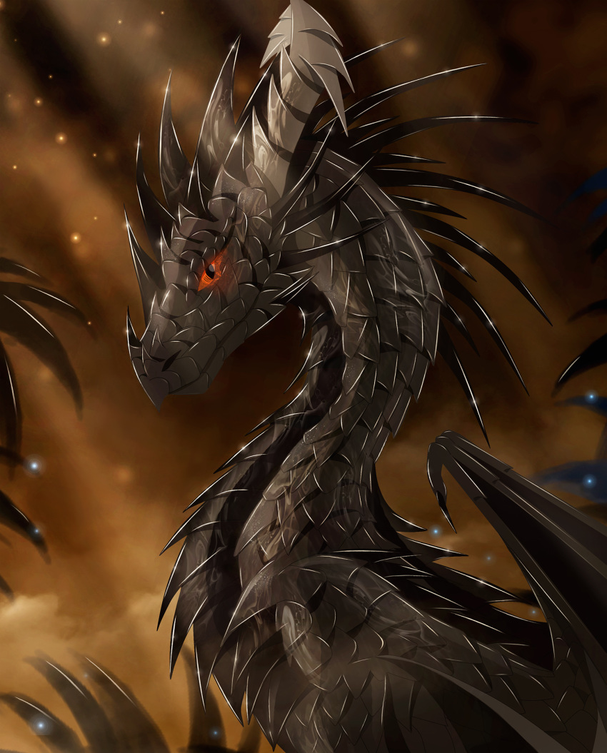 2018 black_scales digital_media_(artwork) dragon feral horn membranous_wings orange_eyes ridged_horn scales scalie smile solo spines telleryspyro western_dragon wings