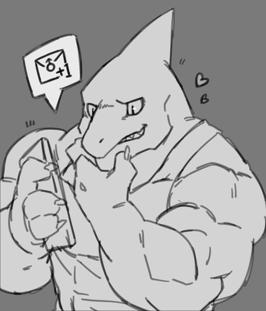 &lt;3 anthro cellphone fish male marine monochrome muscular muscular_male phone reaction_image selfie shark sketch smile solo vorusuarts