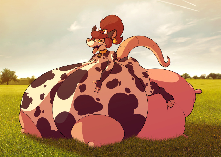 areola bell big_breasts bovine breasts brown_hair cattle collar eyeshadow female field grass hair hi_res horn huge_breasts hyper hyper_breasts makeup mammal marsupial nipples opossum piercing solo stunnerpony tania_(stunnerpone) teats udders