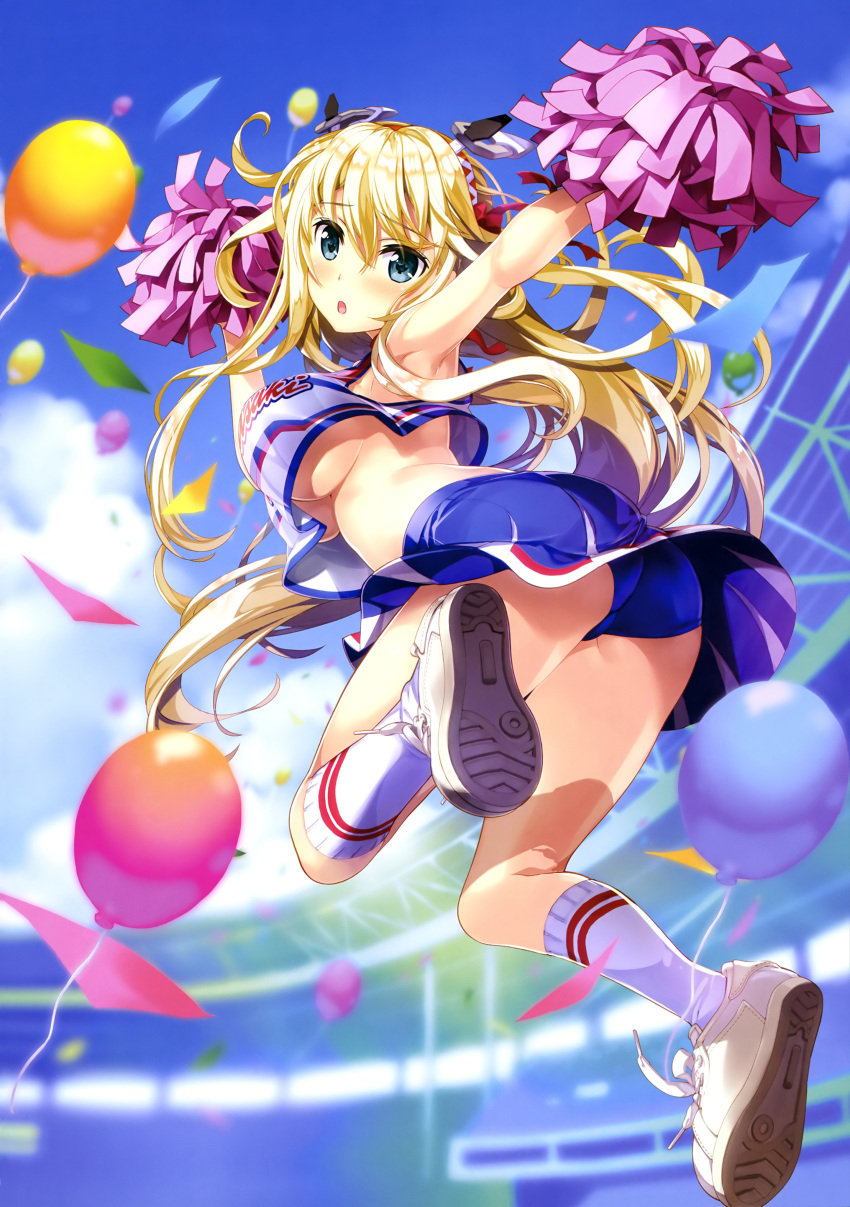 :o absurdres airborne armpits arms_up ass balloon blonde_hair blue_buruma blue_eyes blue_skirt blue_sky blush bow breasts buruma buruma_under_skirt cheerleader clothes_writing day dress embarrassed eyebrows_visible_through_hair fujima_takuya hair_between_eyes hair_bow hairband highres jumping kneehighs large_breasts long_hair looking_at_viewer midriff no_bra official_art open_mouth pink_pom_poms pom_poms print_shirt print_skirt red_bow red_hairband red_stripes rigel_(z/x) scan shirt shoes skindentation skirt sky sleeveless sleeveless_shirt sneakers solo stadium striped striped_legwear tongue underboob white_footwear white_legwear white_shirt z/x