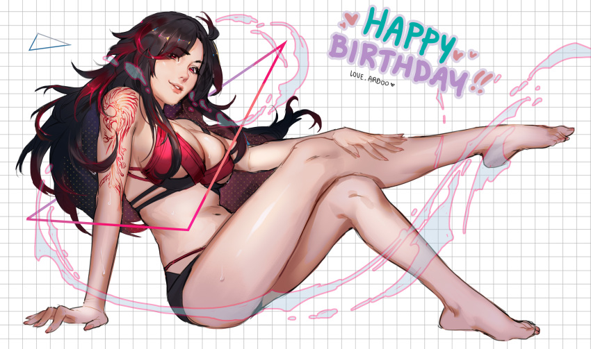absurdres ahoge arm_support arm_tattoo arucelli barefoot bikini breasts brown_hair cleavage commentary crossed_legs english_commentary eyebrows_visible_through_hair eyes_visible_through_hair full_body graph_paper hair_over_one_eye happy_birthday highres keijo!!!!!!!! large_breasts leg_up lips long_hair looking_at_viewer multi-strapped_bikini navel nose parted_lips real_life real_life_insert red_eyes short_shorts shorts shoulder_tattoo sitting smile solo swimsuit tattoo wet