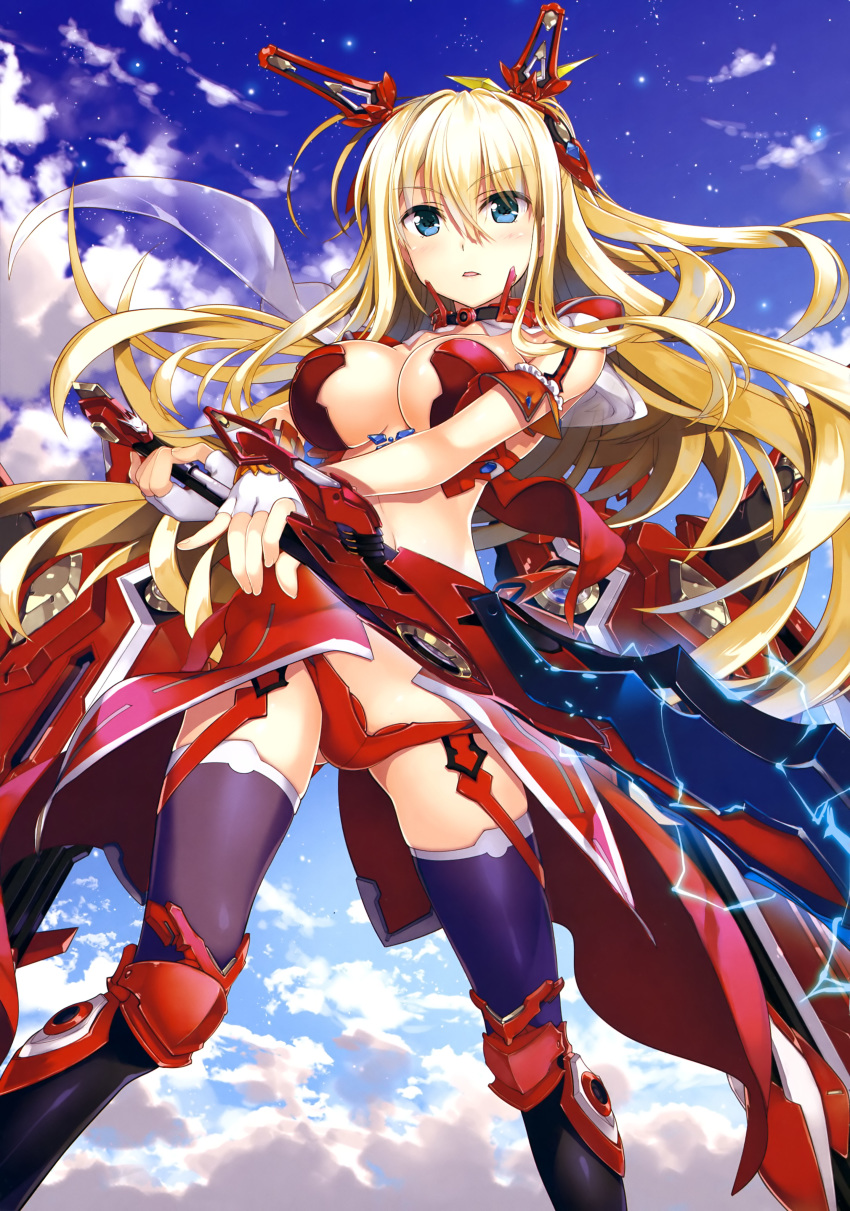 above_clouds absurdres armor ass_visible_through_thighs bikini bikini_armor black_legwear blonde_hair blue_eyes blue_sky blush breasts day electricity eyebrows_visible_through_hair fingerless_gloves fujima_takuya gloves hair_between_eyes highres holding holding_sword holding_weapon large_breasts long_hair looking_at_viewer mecha_musume official_art outdoors overskirt parted_lips pigeon-toed pink_lips red_bikini red_skirt revealing_clothes rigel_(z/x) scan skindentation skirt sky solo star_(sky) starry_sky swimsuit sword thighhighs tongue weapon white_gloves z/x