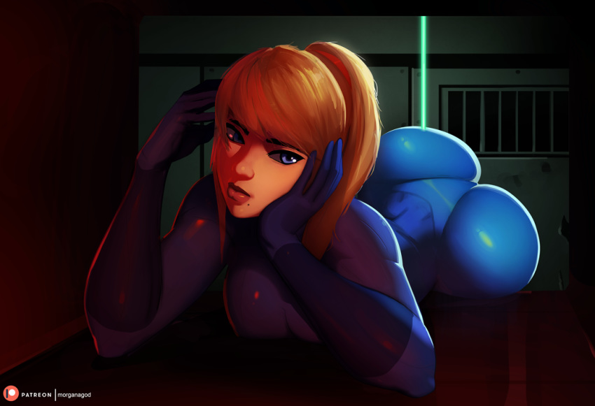 ass bangs blonde_hair blue_bodysuit blue_eyes bodysuit breasts chin_rest commentary english_commentary huge_ass laser lips long_hair lying metroid mole mole_under_mouth morganagod nose on_stomach patreon_username ponytail samus_aran skin_tight solo swept_bangs thick_eyebrows ventilation_shaft