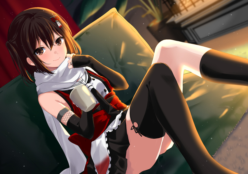1girl asymmetrical_legwear black_gloves black_legwear black_skirt brown_eyes brown_hair commentary couch cup dutch_angle elbow_gloves feet_out_of_frame fingerless_gloves gloves hair_ornament holding holding_cup ica kantai_collection long_hair looking_at_viewer planter pleated_skirt remodel_(kantai_collection) scarf school_uniform sendai_(kantai_collection) serafuku sitting skirt smile solo two_side_up white_scarf