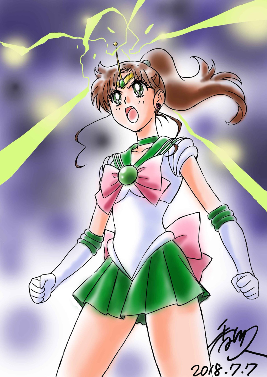 1girl 2018 antenna bishoujo_senshi_sailor_moon bow brown_hair choker clenched_hands dated earrings elbow_gloves gloves green_eyes highres jewelry kagawa_hisashi kino_makoto lightning long_hair magical_girl open_mouth pink_bow ponytail sailor_jupiter school_uniform serafuku serious signature solo tiara