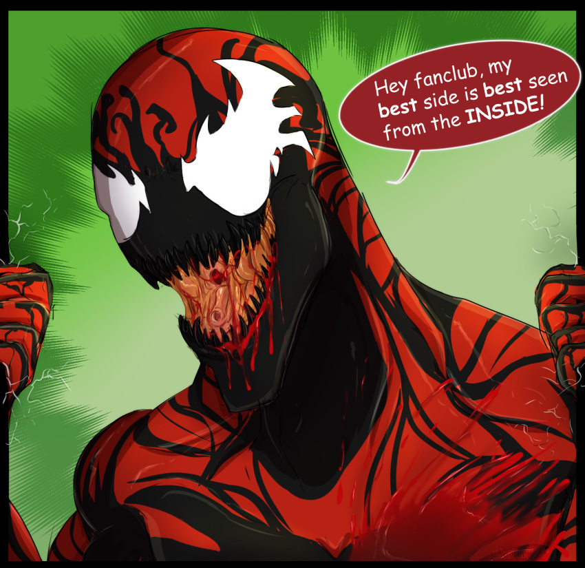 2018 blood carnage_(spider-man) dialogue digital_media_(artwork) english_text hi_res humanoid mammal marvel not_furry open_mouth saberhorn_(artist) simple_background solo speech_bubble symbiote teeth text