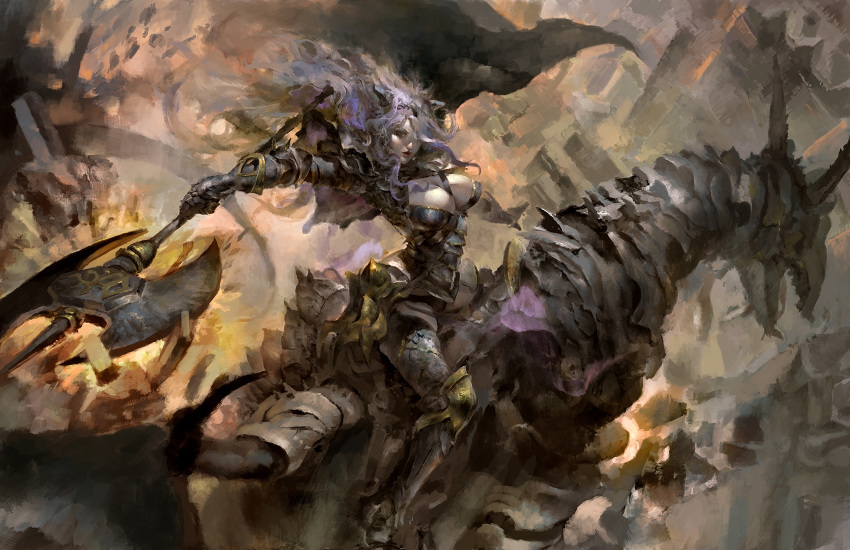 armor axe breasts camilla_(fire_emblem_if) capelet christian_angel cleavage dragon fire_emblem fire_emblem_if gauntlets greaves hair_over_one_eye highres holding holding_axe holding_weapon horns large_breasts lips long_hair looking_at_viewer purple_hair riding serious solo_focus strap tiara traditional_media very_long_hair watercolor_(medium) weapon wings