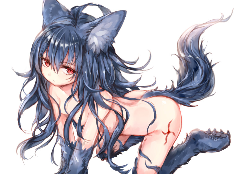 animal_ears blue_hair breasts fenrir granblue_fantasy long_hair nude red_eyes shingeki_no_bahamut sketch sukemyon tail tattoo wolfgirl