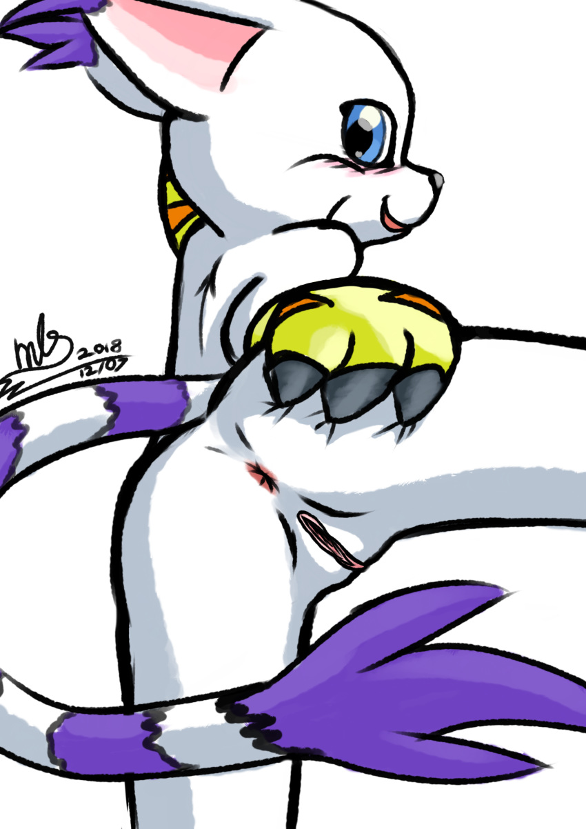 anus blue_eyes butt claws clothing digimon feline female fur gatomon gloves hi_res mammal milesnukem open_mouth pussy raised_leg simple_background smile solo white_fur